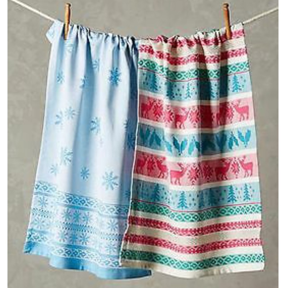 Anthropologie Blue Pink Fair Isle Dishtowel Set